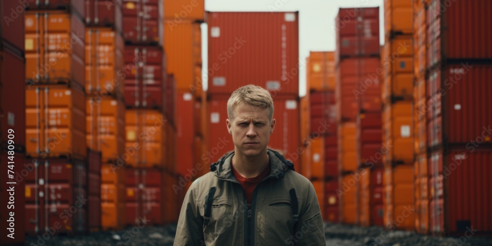 Poster A man standing in front of numerous shipping containers, suitable for industrial concepts
