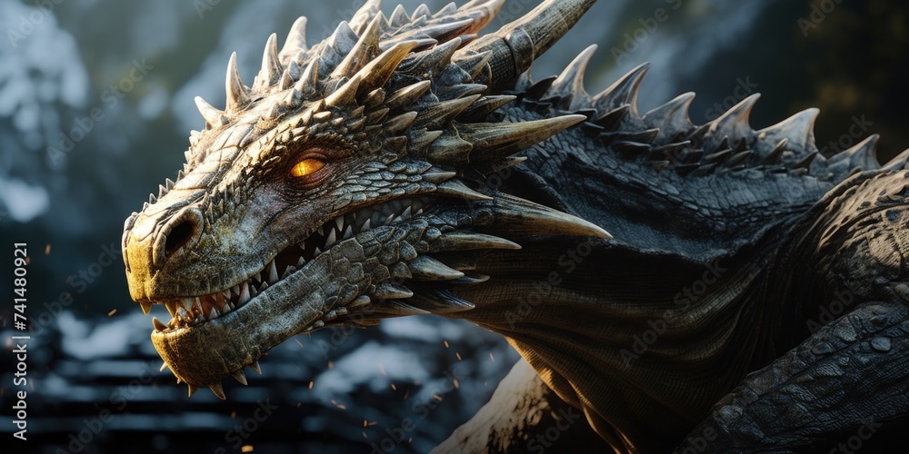 Poster close up of a dragon's head with a mountain backdrop. suitable for fantasy and nature themes
