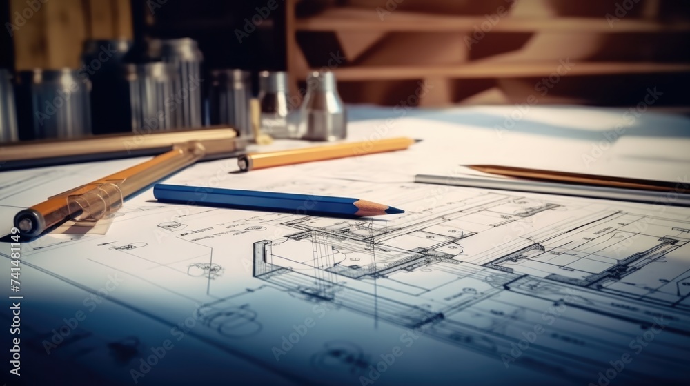 Aufkleber A blueprint with a pencil and pencil sharpener on top. Useful for architectural and design concepts