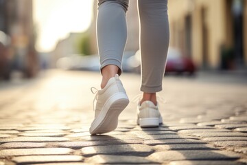 A person walking down a cobblestone street, suitable for urban concept designs