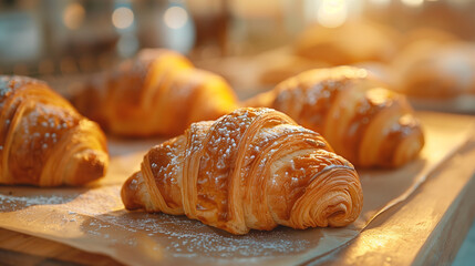 Croissants displayed on a wooden table, an iconic staple food in French cuisine