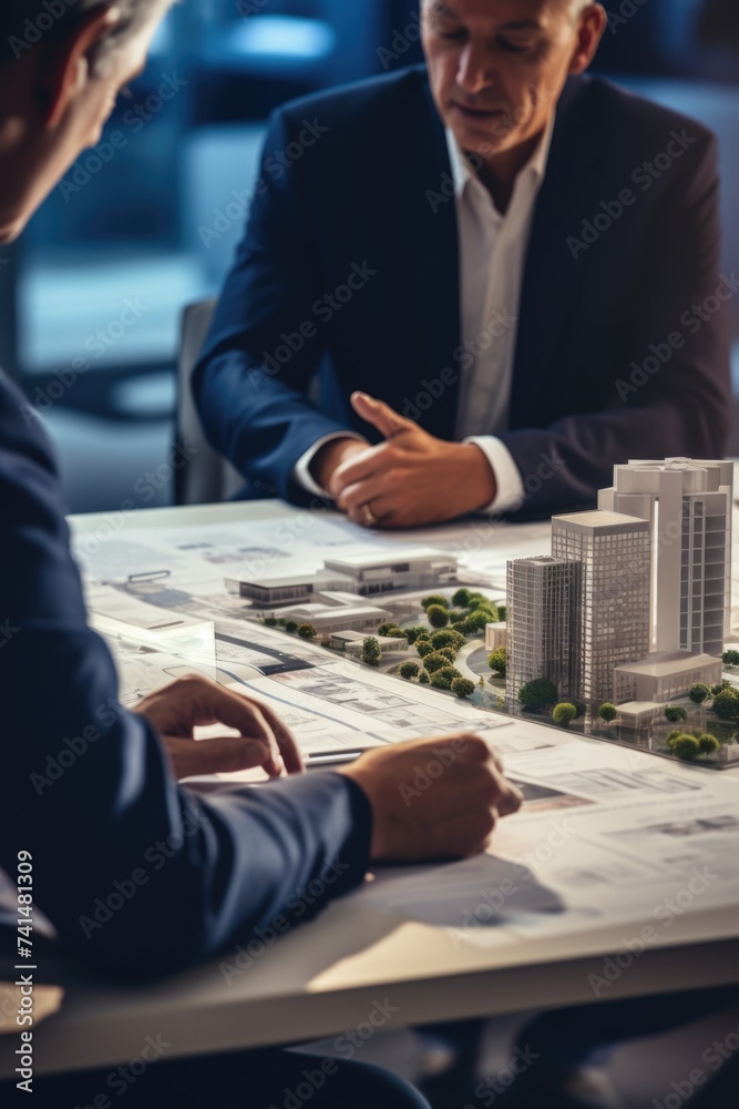 Poster Two men sitting at a table with a model of a building, suitable for architectural concepts