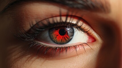 Close up of a person's eye with a red eye. Suitable for medical or horror themes - obrazy, fototapety, plakaty