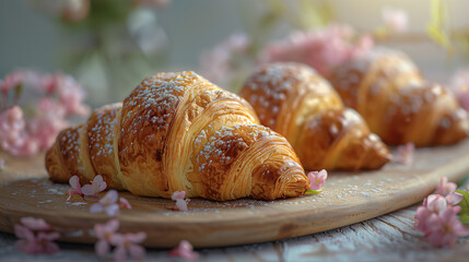 Three powdered sugarcovered croissants on a wooden cutting board