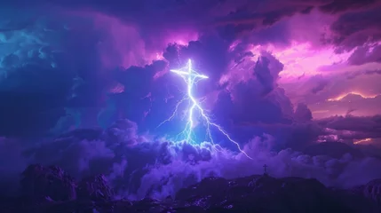 Abwaschbare Fototapete Violett A solitary figure stands amidst a majestic thunderstorm, illuminated by the unearthly glow of lightning strikes - a scene of awe and wonder