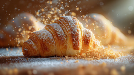 Close up of a croissant dusted with powdered sugar on a table - obrazy, fototapety, plakaty