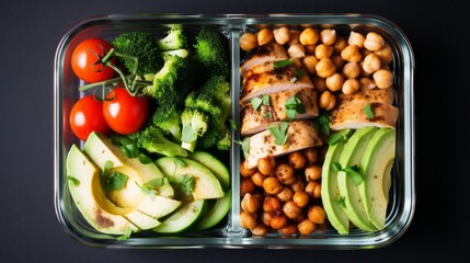 Top view of a container with tomatoes, chickpeas, chicken, cucumbers, avocado, lime and broccoli on a black background. Lunch box, Healthy lifestyle, Balanced Nutrition concepts.