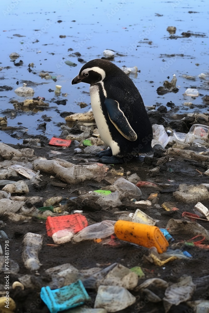 Poster A penguin standing on a pile of trash, suitable for environmental concepts