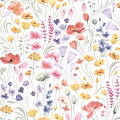 Floral pattern of colorful delicate wildflowers in provence style, seamless watercolor isolated illustration summer floral field for textile, wallpapers or nature background. - 741481711
