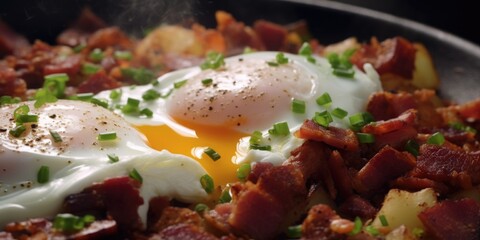 Frying pan with delicious fried eggs and crispy bacon. Perfect for food blogs and recipe websites