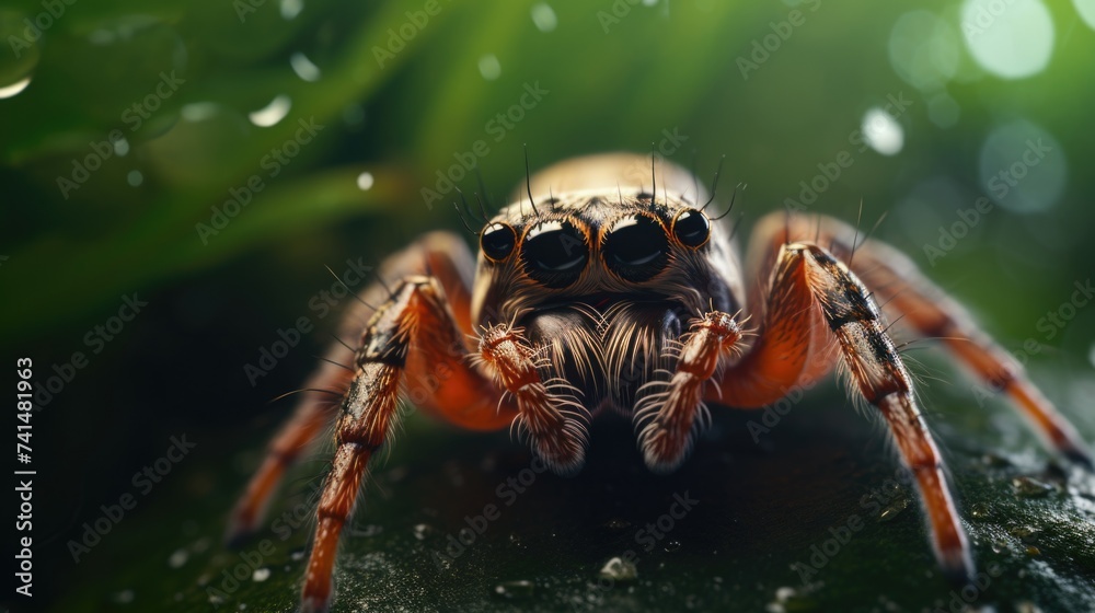 Poster close up of a spider on a leaf, suitable for nature themes