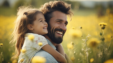 Father hugging his little daughter. Father's day. Cute couple of parent and child. Portrait of happy father and his daughter