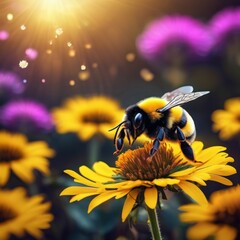 In a magical realm, a stunning yellow flower takes center stage in high definition, radiating beauty. A breathtaking bumblebee, unique and captivating, gracefully lands on this floral wonder. The atmo