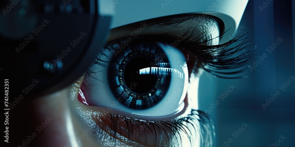 Fototapete close-up of an eye with a clock in the background. ideal for time management concepts