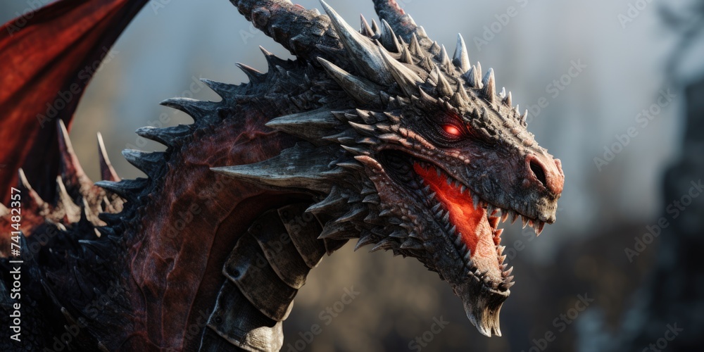 Poster detailed image of a dragon with red eyes. suitable for fantasy or mythical themes