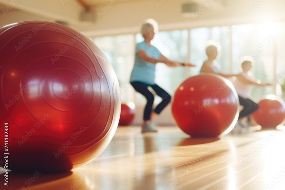 Poster group of people doing exercises on colorful exercise balls. suitable for fitness and health concepts