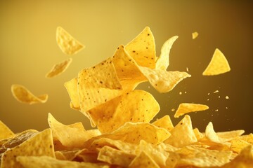 Naklejka premium A pile of tortilla chips falling into the air. Great for food and snack concepts