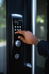 Person pressing button on a door, suitable for technology or security concept