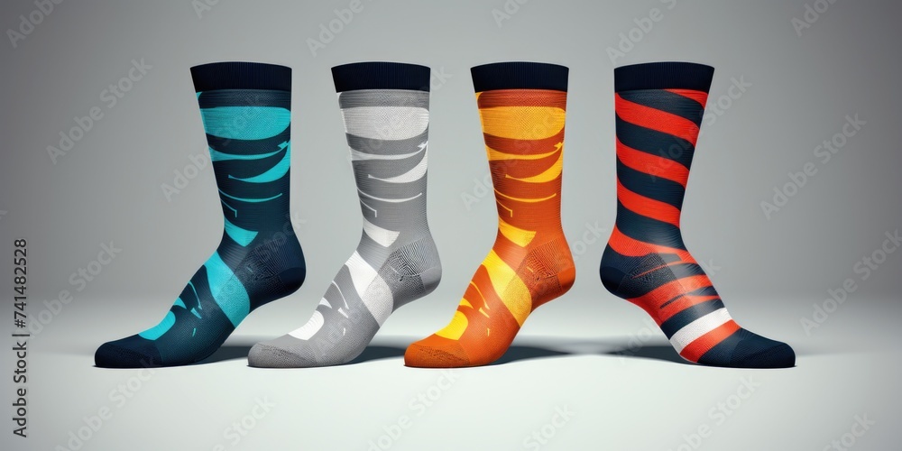 Poster three pairs of colorful socks neatly arranged next to each other. perfect for fashion or laundry con