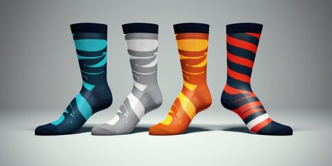 Three pairs of colorful socks neatly arranged next to each other. Perfect for fashion or laundry concepts
