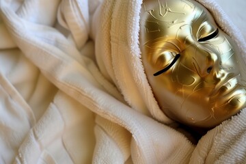 gold mask on face with white towel wrapped head