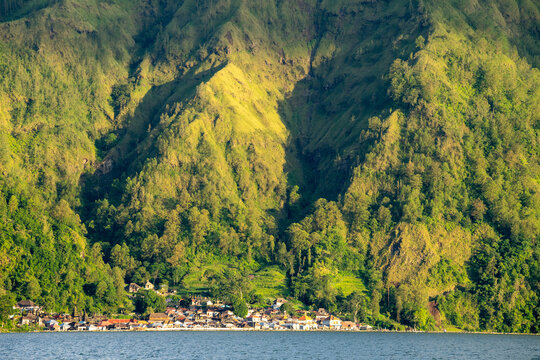 Terunyan Village which is visible at the foot of the mountain can be seen from a distance across Lake Kintamani Bali 
