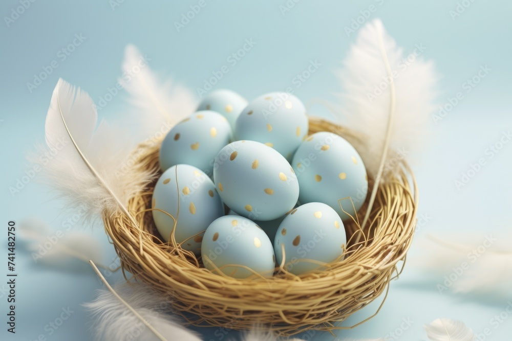 Poster a nest filled with blue eggs and white feathers. ideal for spring and easter themes