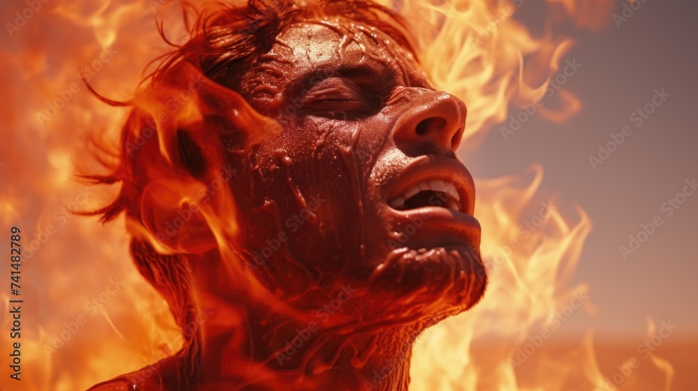 Poster Close up of a person with a fire in the background, suitable for various concepts