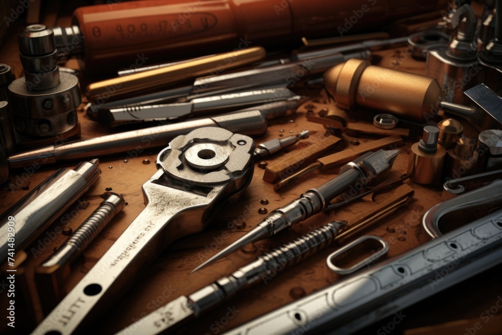 Poster Various tools arranged neatly on a table. Suitable for construction and DIY projects