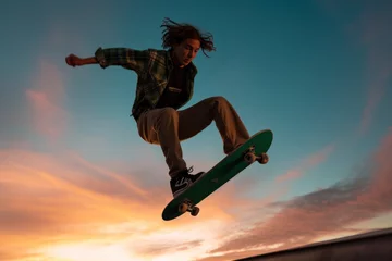 Foto op Canvas a skateboarder performing tricks in a skate park at golden hour: The dynamic silhouette of a skateboarder mid-air, with the setting sun casting long shadows and enhancing the energy and creativity of  © Darya