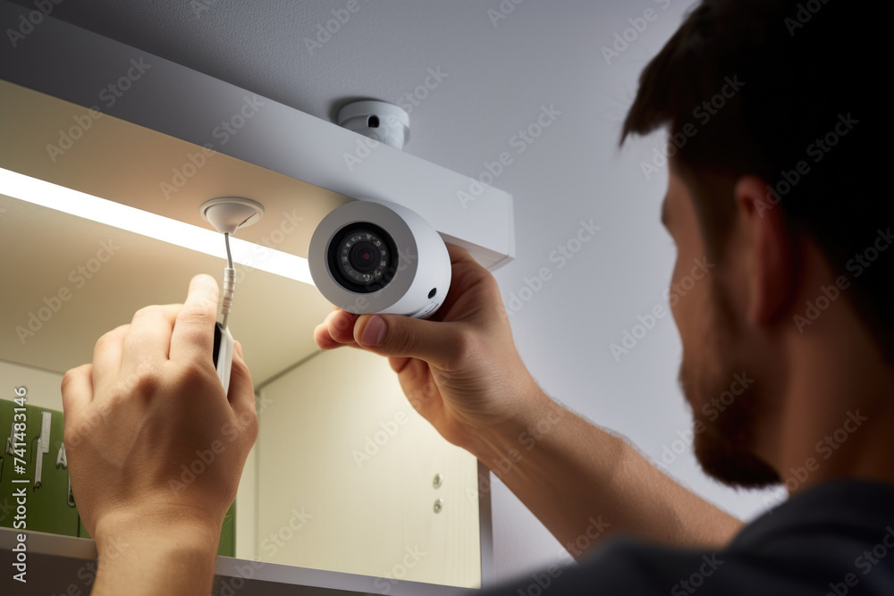 Poster A man installing a security camera, suitable for security systems