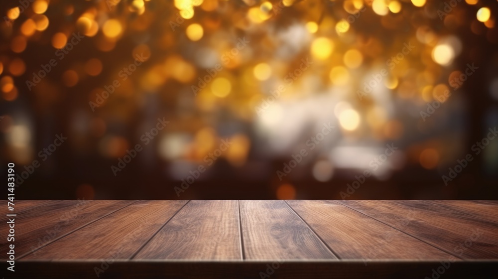 Poster A wooden table with blurred lights in the background. Suitable for various concepts