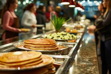 Fototapeta premium line of people waiting at a breakfast buffet with pancakes