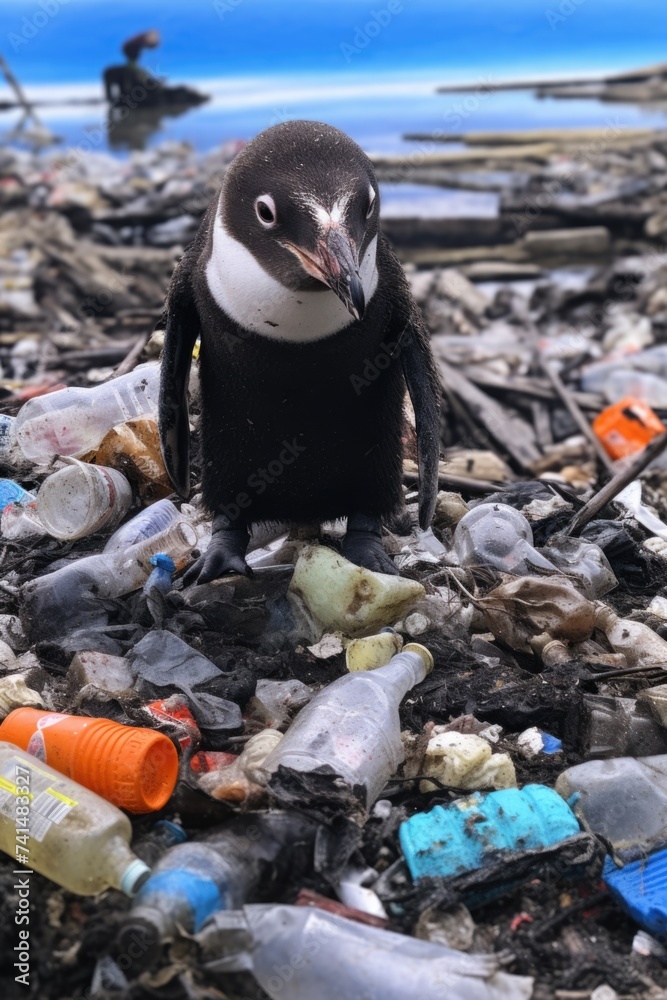 Aufkleber a penguin standing on top of a pile of trash. suitable for environmental awareness campaigns