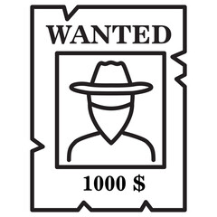 Vintage western wanted poster. Wanted poster cowboy hat.Vintage poster.Dangerous criminal.Outline vector illustration.Outline vector illustration.