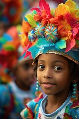 Young girl wearing a colorful headdress in a parade. Perfect for cultural events and celebrations