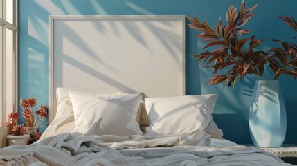 Mock up frame in cozy home interior background, coastal style bedroom, 3d render, Generative ai