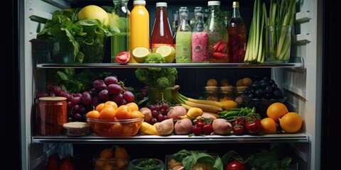 A refrigerator filled with fresh and healthy produce. Ideal for food and nutrition concepts