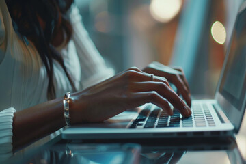 close-up shot of an Indian business woman's hands typing on a sleek laptop keyboard, with soft natural light illuminating her focused expression, minimalistic style,