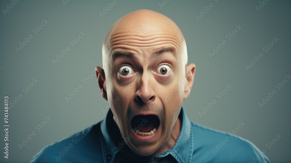 Poster a bald man with a surprised expression