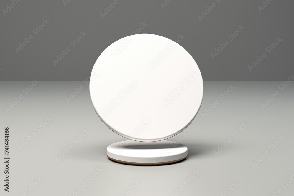 Poster A simple white circular object resting on a wooden base. Ideal for various design projects