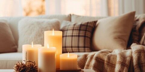 Fototapeta na wymiar A simple and inviting coffee table setup with candles and a blanket, perfect for creating a warm and cozy atmosphere