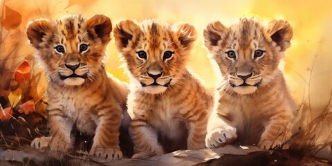 Fototapeta premium Three adorable lion cubs sitting on a rock. Suitable for wildlife and nature themes