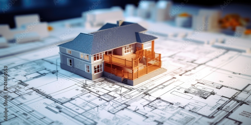Poster house model placed on top of a blueprint, suitable for architectural projects