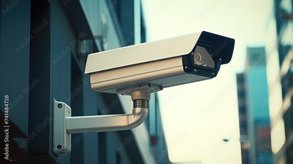 Poster Surveillance camera mounted on building wall. Suitable for security concepts
