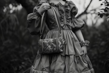 girl in a puffy dress holding a matching purse