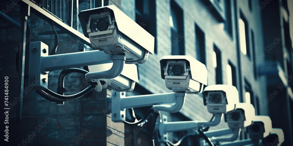 Poster row of surveillance cameras on a building, useful for security concepts