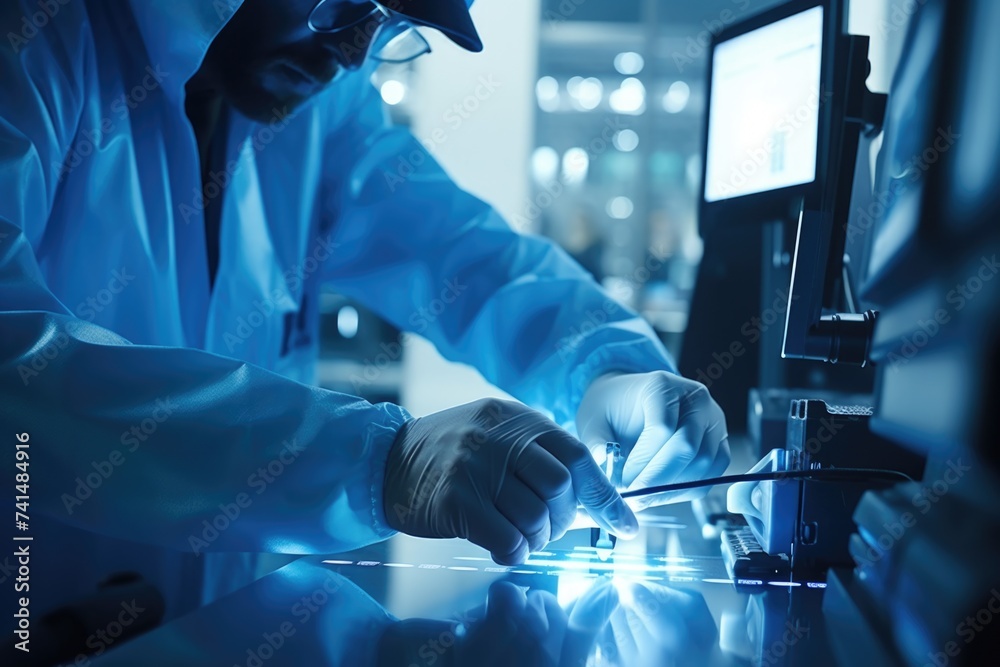 Poster A man in a lab coat working on a machine. Suitable for science and technology concepts