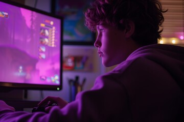 teen playing video games, violet backlighting from monitor