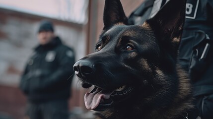 A German Shepherd dog standing with a police officer in the background. Suitable for law enforcement concepts